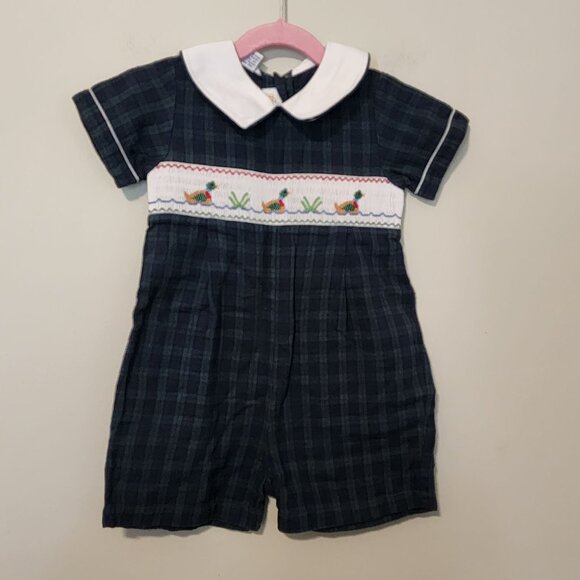 Anavini Boys 24 m Green Navy Plaid Smocked Romper White Peter Pan Collar Duck - Picture 1 of 13